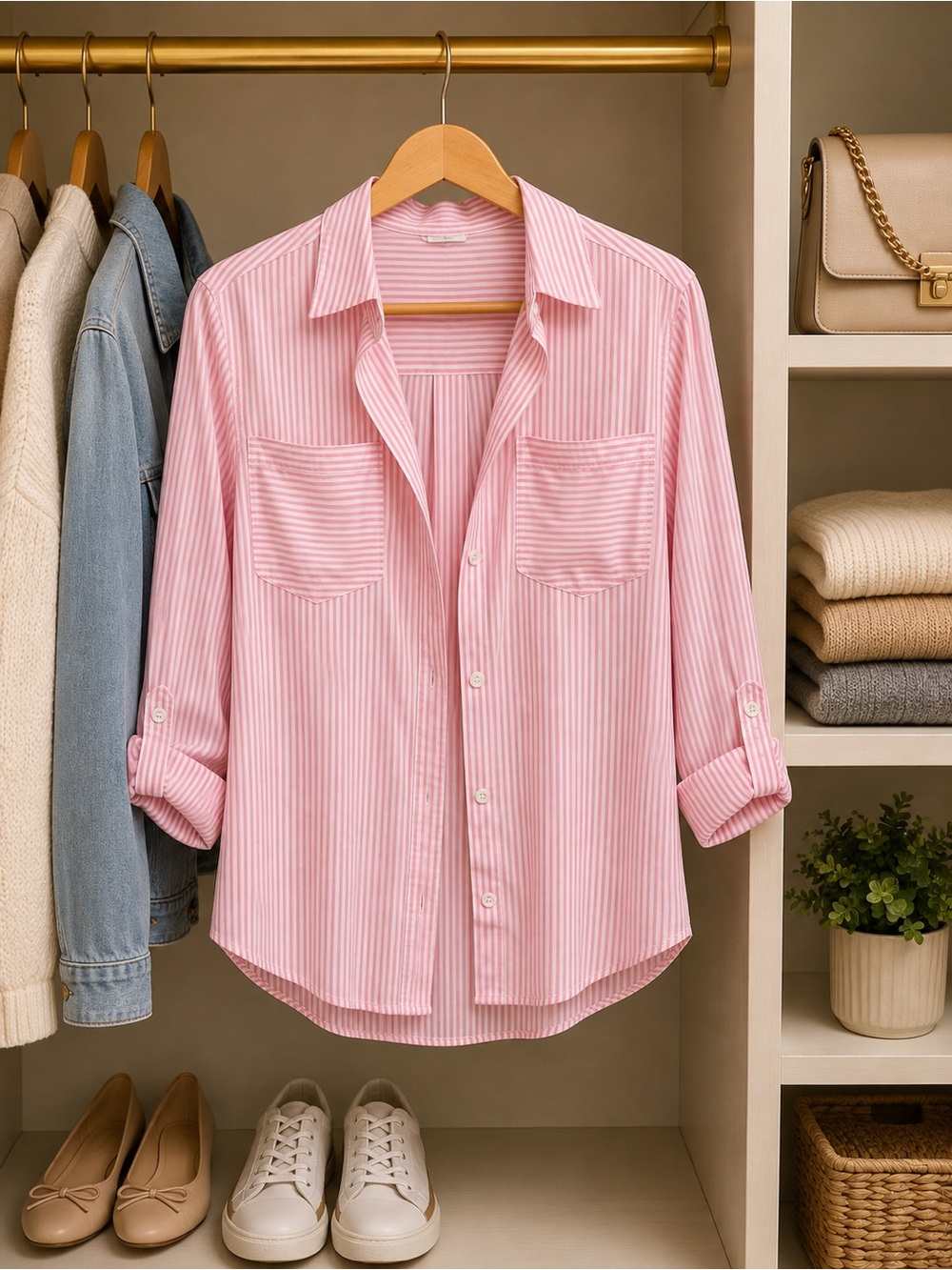 Classic Pink Striped Button-Down Shirt - Women's Top
